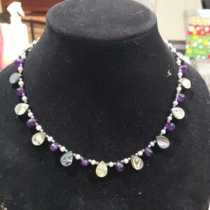 Elegant Pear Shaped Abalone Necklace with Purple Faceted Crystal Beads and Small